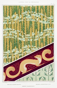 Merlans et algues, papier peint. Mouches et muguet, &eacute;toffe de soie. Hermine vulgaire, bordure from L&#39;animal dans la d&eacute;coration (1897) illustrated by <a href="https://www.rawpixel.com/search/Maurice%20Pillard%20Verneuil?sort=curated&amp;type=all&amp;page=1">Maurice Pillard Verneuil</a>. Original from the The New York Public Library. Digitally enhanced by rawpixel.