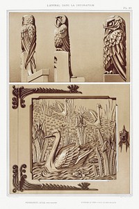 Perroquets, aigle, bois sculpt&eacute;. Cygnes et iris, porte en bois sculpt&eacute; from L&#39;animal dans la d&eacute;coration (1897) illustrated by <a href="https://www.rawpixel.com/search/Maurice%20Pillard%20Verneuil?sort=curated&amp;type=all&amp;page=1">Maurice Pillard Verneuil</a>. Original from the The New York Public Library. Digitally enhanced by rawpixel.