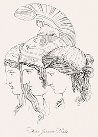 Three Grecian heads from An illustration of the Egyptian, Grecian and Roman costumes by Thomas Baxter (1782&ndash;1821).Digitally enhanced by rawpixel. Original from New York public library. Digitally enhanced by rawpixel.
