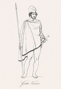 Greek warrior from An illustration of the Egyptian, Grecian and Roman costumes by <a href="https://www.rawpixel.com/search/Thomas%20Baxter?sort=curated&amp;rating_filter=all&amp;mode=shop&amp;page=1">Thomas Baxter</a> (1782&ndash;1821).Digitally enhanced by rawpixel. Original from New York public library. Digitally enhanced by rawpixel.