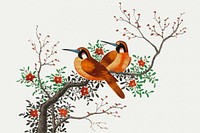 Chinese painting featuring two birds on a flowering tree branch.