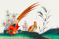 Chinese painting featuring two birds among flowers.