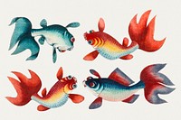 Chinese painting featuring two gold and two silver fish.