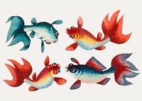 Chinese painting featuring two gold and two silver fish.