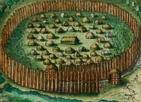 A council of state and A fortified village ; Construction of a native Floridian town illustration from Grand voyages (1596) by <a href="https://www.rawpixel.com/search/Theodor%20de%20Bry?sort=curated&amp;rating_filter=all&amp;mode=shop&amp;page=1">Theodor de Bry</a> (1528-1598). Original from The New York Public Library. Digitally enhanced by rawpixel.