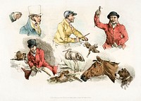 Illustration of hunters, animals and birds from Sporting Sketches (1817-1818) by <a href="https://www.rawpixel.com/search/Henry%20Alken?&amp;page=1">Henry Alken</a> (1784-1851). Original from The New York Public Library. Digitally enhanced by rawpixel.
