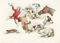 Vintage Illustration showing mounted hunter, running dogs and a fox from Sporting Sketches (1817-1818) by <a href="https://www.rawpixel.com/search/Henry%20Alken?&amp;page=1">Henry Alken </a>(1784-1851). Original from The New York Public Library. Digitally enhanced by rawpixel.