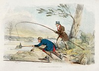 Illustration of fishing from Sporting Sketches (1817-1818) by <a href="https://www.rawpixel.com/search/Henry%20Alken?&amp;page=1">Henry Alken</a> (1784-1851). Original from The New York Public Library. Digitally enhanced by rawpixel.