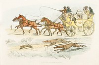 Illustration of people on a carriage watching dogs chasing a rabbit from Sporting Sketches (1817-1818) by <a href="https://www.rawpixel.com/search/Henry%20Alken?&amp;page=1">Henry Alken</a> (1784-1851). Original from The New York Public Library. Digitally enhanced by rawpixel.