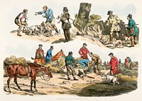Illustration of hunter trying to get animal from its burrow from Sporting Sketches (1817-1818) by <a href="https://www.rawpixel.com/search/Henry%20Alken?&amp;page=1">Henry Alken</a> (1784-1851). Original from The New York Public Library. Digitally enhanced by rawpixel.