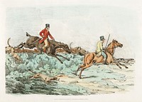 Illustration of men clearing hurdle during a hunting from Sporting Sketches (1817-1818) by <a href="https://www.rawpixel.com/search/Henry%20Alken?&amp;page=1">Henry Alken</a> (1784-1851). Original from The New York Public Library. Digitally enhanced by rawpixel.