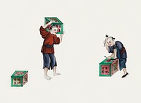 Chinese painting illustrating two men picking up tea boxes and carrying them away (ca.1800&ndash;1899) from the Miriam and Ira D. Wallach Division of Art, Prints and Photographs: Art &amp; Architecture Collection. Original from the New York Public Library. Digitally enhanced by rawpixel.