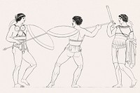 Pyrrhic dance from An illustration of the Egyptian, Grecian and Roman costumes by <a href="https://www.rawpixel.com/search/Thomas%20Baxter?sort=curated&amp;rating_filter=all&amp;mode=shop&amp;page=1">Thomas Baxter</a> (1782&ndash;1821). Original from The New York Public Library. Digitally enhanced by rawpixel.