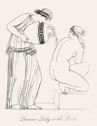 Grecian lady at the bath from An illustration of the Egyptian, Grecian and Roman costumes by <a href="https://www.rawpixel.com/search/Thomas%20Baxter?sort=curated&amp;rating_filter=all&amp;mode=shop&amp;page=1">Thomas Baxter</a> (1782&ndash;1821). Original from The New York Public Library. Digitally enhanced by rawpixel.