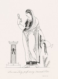 Grecian lady performing funeral rites from An illustration of the Egyptian, Grecian and Roman costumes by <a href="https://www.rawpixel.com/search/Thomas%20Baxter?sort=curated&amp;rating_filter=all&amp;mode=shop&amp;page=1">Thomas Baxter</a> (1782&ndash;1821). Original from The New York Public Library. Digitally enhanced by rawpixel.