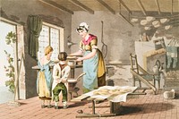 Illustration of woman making oat cakes from The Costume of Yorkshire (1814) by <a href="https://www.rawpixel.com/search/George%20Walker?&amp;page=1">George Walker </a>(1781-1856). Original from The New York Public Library. Digitally enhanced by rawpixel.