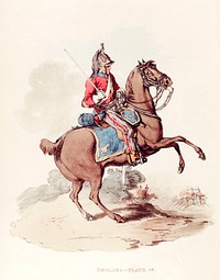Illustration of a dragoon from Picturesque Representations of the Dress and Manners of the English(1814)by <a href="https://www.rawpixel.com/search/William%20Alexander?&amp;page=1">William Alexander</a> (1767-1816). Original from The New York Public Library. Digitally enhanced by rawpixel.