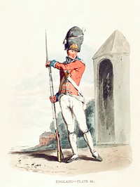 Illustration of Grenadier of the 1st Regiment of Guards from Picturesque Representations of the Dress and Manners of the English(1814) by <a href="https://www.rawpixel.com/search/William%20Alexander?&amp;page=1">William Alexander</a> (1767-1816). Original from The New York Public Library. Digitally enhanced by rawpixel.