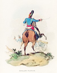 Illustration of the officer of horse artillery from Picturesque Representations of the Dress and Manners of the English(1814) by <a href="https://www.rawpixel.com/search/William%20Alexander?&amp;page=1">William Alexander</a> (1767-1816). Original from The New York Public Library. Digitally enhanced by rawpixel.