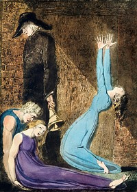 Man supporting a supine woman, an aged man with bell, and a woman in a blue dress raising arms illustration from Europe: a Prophecy by <a href="https://www.rawpixel.com/search/William%20Blake?sort=curated&amp;rating_filter=all&amp;mode=shop&amp;page=1">William Blake</a> (1752-1827). Original from The New York Public Library. Digitally enhanced by rawpixel.