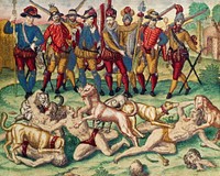 Indians being attacked by dogs illustration from Grand voyages (1596) by <a href="https://www.rawpixel.com/search/Theodor%20de%20Bry?sort=curated&amp;rating_filter=all&amp;mode=shop&amp;page=1">Theodor de Bry</a> (1528-1598). Original from The New York Public Library. Digitally enhanced by rawpixel.