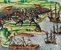 Battle between Francisco Poras and Columbus on Jamaica illustration from Grand voyages (1596) by Theodor de Bry (1528-1598). Original from The New York Public Library. Digitally enhanced by rawpixel.