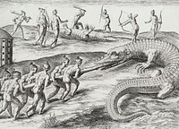 Crocodile hunting illustration from Grand voyages (1596) by Theodor de Bry (1528-1598). Original from The New York Public Library. Digitally enhanced by rawpixel.