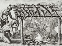 Method of smoking fish, game and other provisions illustration from Grand voyages (1596) by Theodor de Bry (1528-1598). Original from The New York Public Library. Digitally enhanced by rawpixel.