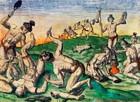 How Outina's soldiers treated the bodies of the enemy ; Trophies and solemn rites after an enemy's defeat illustration from Grand voyages (1596) by Theodor de Bry (1528-1598). Original from The New York Public Library. Digitally enhanced by rawpixel.