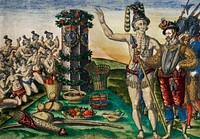 French left in Fort Charles suffer from scarcity of provisions ; Natives of Florida worship the column erected by the commander on his first voyage illustration from Grand voyages (1596) by <a href="https://www.rawpixel.com/search/Theodor%20de%20Bry?sort=curated&amp;rating_filter=all&amp;mode=shop&amp;page=1">Theodor de Bry</a> (1528-1598).
