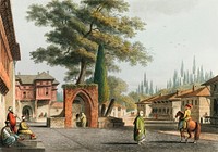 Caravansary at Kustchiuk Czemege from Views in the Ottoman Dominions, in Europe, in Asia, and some of the Mediterranean islands (1810) illustrated by Luigi Mayer (1755-1803).