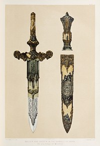 Dagger and sheath in the Damascene work by Zuloago of Madrid from the Industrial arts of the Nineteenth Century (1851-1853) by <a href="https://www.rawpixel.com/search/Sir%20Matthew%20Digby%20wyatt?">Sir Matthew Digby wyatt</a> (1820-1877).