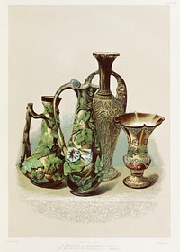 A group of earthenware vases by Mansard of Voisinlieu France from the Industrial arts of the Nineteenth Century (1851-1853) by <a href="https://www.rawpixel.com/search/Sir%20Matthew%20Digby%20wyatt?">Sir Matthew Digby wyatt</a> (1820-1877).