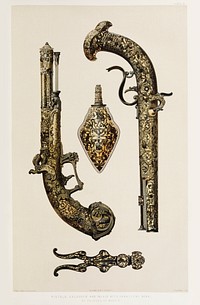 Pistols engraved and inlaid with Damascene work by Zuloaga of Madrid from the Industrial arts of the Nineteenth Century (1851-1853) by <a href="https://www.rawpixel.com/search/Sir%20Matthew%20Digby%20wyatt?">Sir Matthew Digby wyatt</a> (1820-1877).