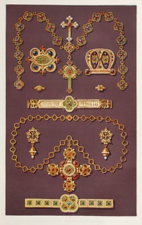 Jewellery design from the Industrial arts of the Nineteenth Century (1851-1853) by <a href="https://www.rawpixel.com/search/Sir%20Matthew%20Digby%20wyatt?">Sir Matthew Digby wyatt</a> (1820-1877).