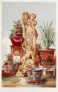 Terra cotta figure of Galatea and group of majolica garden vases from the Industrial arts of the Nineteenth Century (1851-1853) by <a href="https://www.rawpixel.com/search/Sir%20Matthew%20Digby%20wyatt?">Sir Matthew Digby wyatt</a> (1820-1877).