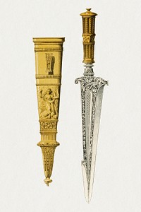 Ancient dagger illustration, melee weapon with sheath psd, remix from the artwork of Sir Matthew Digby Wyatt