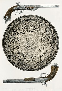 A shield in iron and guns from the Industrial arts of the Nineteenth Century (1851-1853) by <a href="https://www.rawpixel.com/search/Sir%20Matthew%20Digby%20wyatt?">Sir Matthew Digby wyatt</a> (1820-1877).