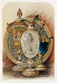 Enamelled vase and dish from the Industrial arts of the Nineteenth Century (1851-1853) by <a href="https://www.rawpixel.com/search/Sir%20Matthew%20Digby%20wyatt?">Sir Matthew Digby wyatt</a> (1820-1877).