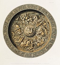 Shield produced in electrotype from the Industrial arts of the Nineteenth Century (1851-1853) by <a href="https://www.rawpixel.com/search/Sir%20Matthew%20Digby%20wyatt?">Sir Matthew Digby wyatt</a> (1820-1877).