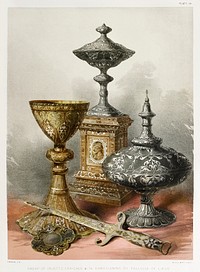Group of objects enriched with damascening from the Industrial arts of the Nineteenth Century (1851-1853) by <a href="https://www.rawpixel.com/search/Sir%20Matthew%20Digby%20wyatt?">Sir Matthew Digby wyatt</a> (1820-1877).
