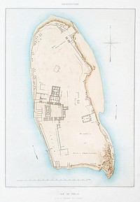 Philae Island (general plan of the ruins) from Histoire de l&#39;art &eacute;gyptien (1878) by <a href="https://www.rawpixel.com/search/%C3%89mile?sort=curated&amp;page=1">&Eacute;mile Prisse d&#39;Avennes</a>. Original from The New York Public Library. Digitally enhanced by rawpixel.
