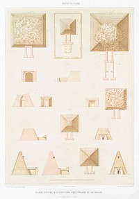 The Pyramids of Meroe (Plans, sections and elevations) from Histoire de l&#39;art &eacute;gyptien (1878) by <a href="https://www.rawpixel.com/search/%C3%89mile?sort=curated&amp;page=1">&Eacute;mile Prisse d&#39;Avennes</a>. Original from The New York Public Library. Digitally enhanced by rawpixel.