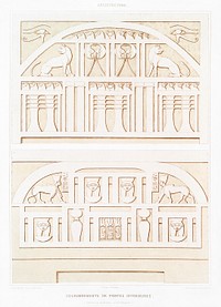 Coronations of interior doors (Thebes &amp; Sedeinga) from Histoire de l&#39;art &eacute;gyptien (1878) by <a href="https://www.rawpixel.com/search/%C3%89mile?sort=curated&amp;page=1">&Eacute;mile Prisse d&#39;Avennes</a>. Original from The New York Public Library. Digitally enhanced by rawpixel.