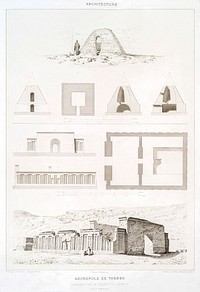 Theban Necropolis : Tombs of Valley of El Assacif from Histoire de l&#39;art &eacute;gyptien (1878) by <a href="https://www.rawpixel.com/search/%C3%89mile?sort=curated&amp;page=1">&Eacute;mile Prisse d&#39;Avennes</a>. Original from The New York Public Library. Digitally enhanced by rawpixel.