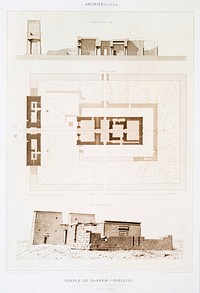 Temple of Dakka (Pelcis) : Plan, section and perspective view from Histoire de l&#39;art &eacute;gyptien (1878) by <a href="https://www.rawpixel.com/search/%C3%89mile?sort=curated&amp;page=1">&Eacute;mile Prisse d&#39;Avennes</a>. Original from The New York Public Library. Digitally enhanced by rawpixel.