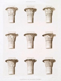 Various shape of capital from Histoire de l&#39;art &eacute;gyptien (1878) by <a href="https://www.rawpixel.com/search/%C3%89mile?sort=curated&amp;page=1">&Eacute;mile Prisse d&#39;Avennes</a>. Original from The New York Public Library. Digitally enhanced by rawpixel.