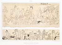 Fragments of satirical papyrus from Histoire de l&#39;art &eacute;gyptien (1878) by <a href="https://www.rawpixel.com/search/%C3%89mile?sort=curated&amp;page=1">&Eacute;mile Prisse d&#39;Avennes</a>. Original from The New York Public Library. Digitally enhanced by rawpixel.
