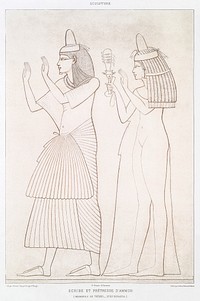 Scribe and priestess of Amon from Histoire de l&#39;art &eacute;gyptien (1878) by <a href="https://www.rawpixel.com/search/%C3%89mile?sort=curated&amp;page=1">&Eacute;mile Prisse d&#39;Avennes</a>. Original from The New York Public Library. Digitally enhanced by rawpixel.
