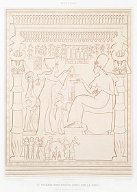 Pharaoh Akhenaten served by the queen from Histoire de l&#39;art &eacute;gyptien (1878) by <a href="https://www.rawpixel.com/search/%C3%89mile?sort=curated&amp;page=1">&Eacute;mile Prisse d&#39;Avennes</a>. Original from The New York Public Library. Digitally enhanced by rawpixel.